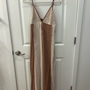 Elegant Cream and Brown Maxi Dress